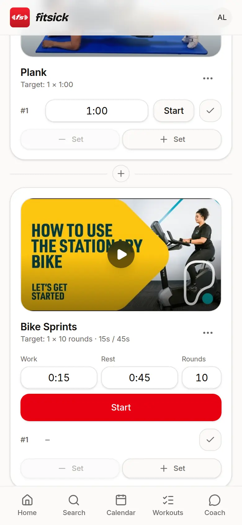 fitsick workout with every set, rep, and time written out